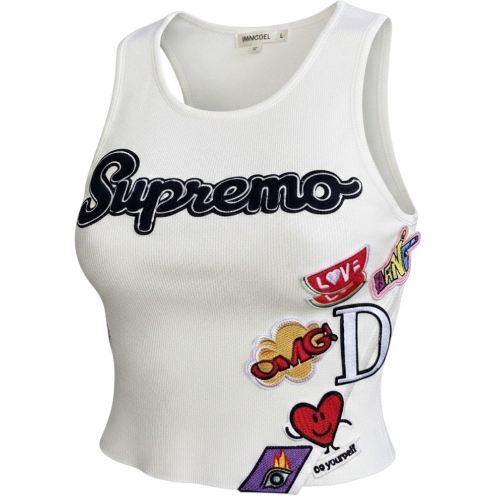 IMMODEL White Ribbed Knit Supremo Patch Graphic Crop Tank Top Womens Large